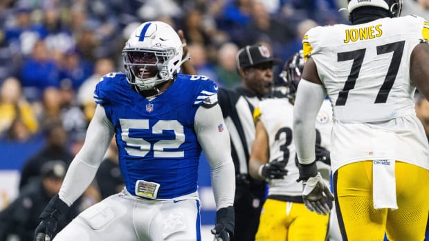 Dec 16, 2023; Indianapolis, Indiana, USA; Indianapolis Colts defensive end Samson Ebukam (52) celebrates a sack in the second half against the Pittsburgh Steelers at Lucas Oil Stadium. Mandatory Credit: Trevor Ruszkowski-USA TODAY Sports
